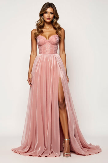 Glitter Fabric Blush Pink A Line Strapless Long Formal Dress with Slit